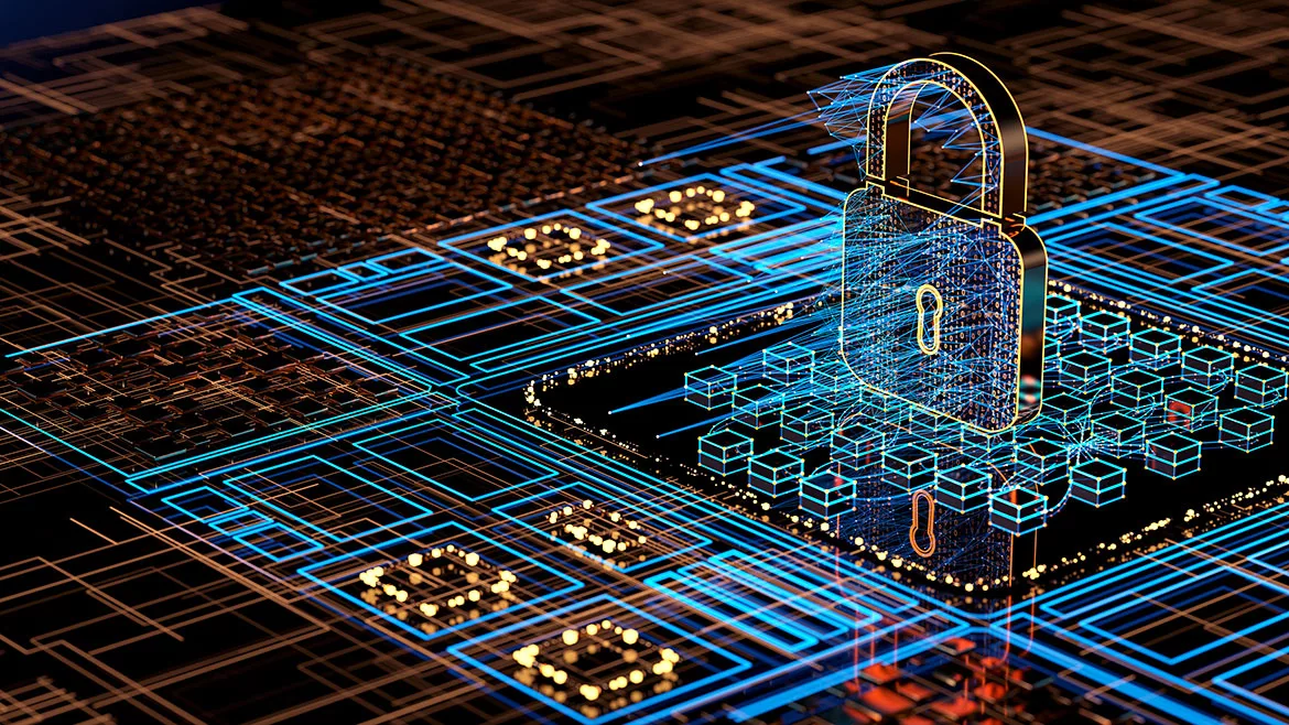 Digital Security concept using a circuit board background, parts of it highlights with a virtual lock floating above.