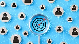 Graphic illustration of customer profiles connected by white lines to a bullseye target with a red arrow, representing customer relationship management and targeted marketing strategies.