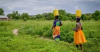 Two women walking across a grassy field. They're carrying water jugs on their head.