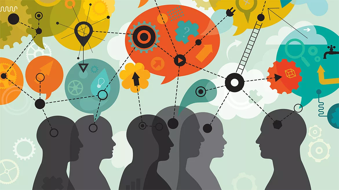 Abstract vector illustration is showing a team using a diagram to visually organize information.