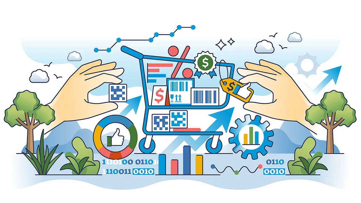 Illustration of big data in retail with two hands adding items to shopping cart.