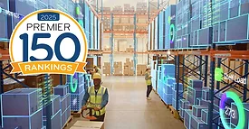 Robotic Vision Concept in a Warehouse: Workers managing inventory at logistics center and holographic data overlays on boxes providing data insights.
