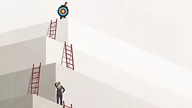 A woman contemplates rising to the next level of large stone steps - a ladder on each level - as she looks up at a man holding a target and looking down at her.