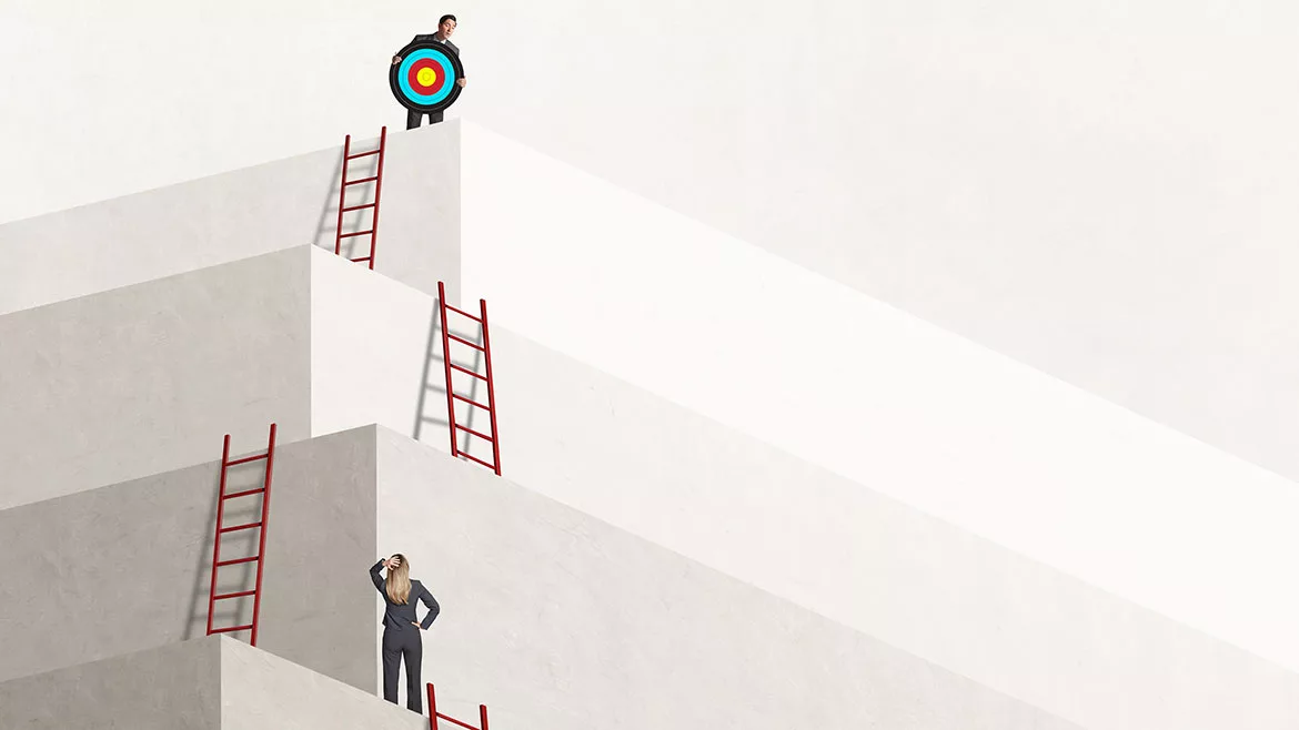 A woman contemplates rising to the next level of large stone steps - a ladder on each level - as she looks up at a man holding a target and looking down at her.