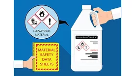Illustration of hazardous material container, it's danger labels, and safety material.