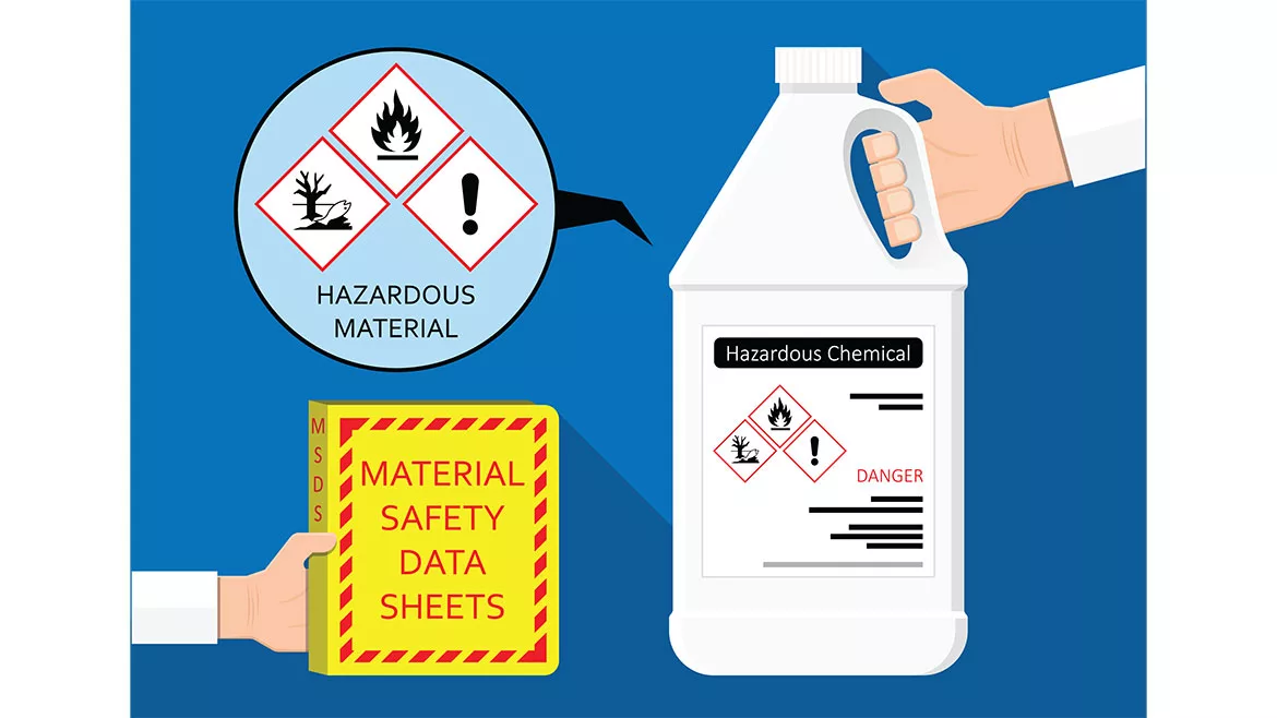 Illustration of hazardous material container, it's danger labels, and safety material.