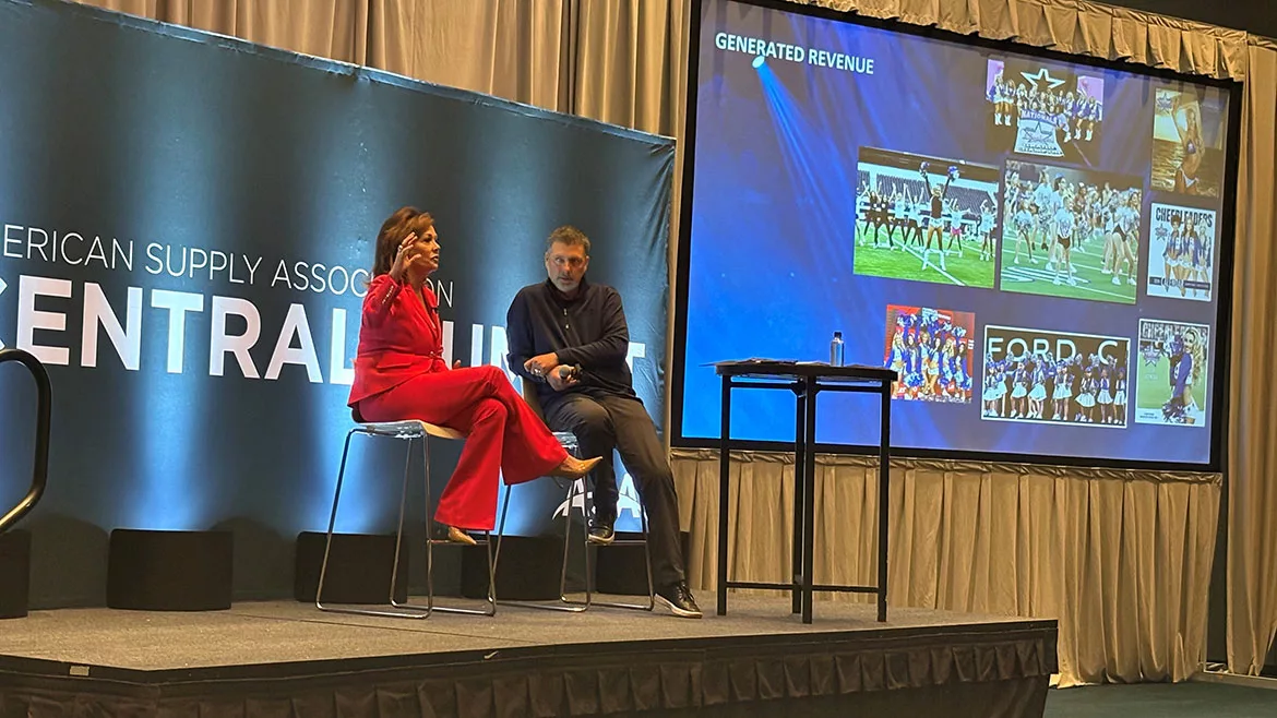 ASA’s Mike Miazga interviews Dallas Cowboys Cheerleaders Senior Director Kelli Finglass during the recent ASA Central Summit in Arlington, Texas.