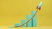 Toy rocket flying through a business bar chart Toy rocket flying through a business bar chart. Illustration of the concept of profitable sale and increasing revenue.