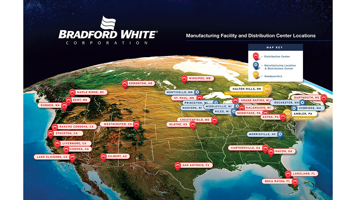 A globe showing Bradford White manufacturing facility and distribution center locations on a map of the United States