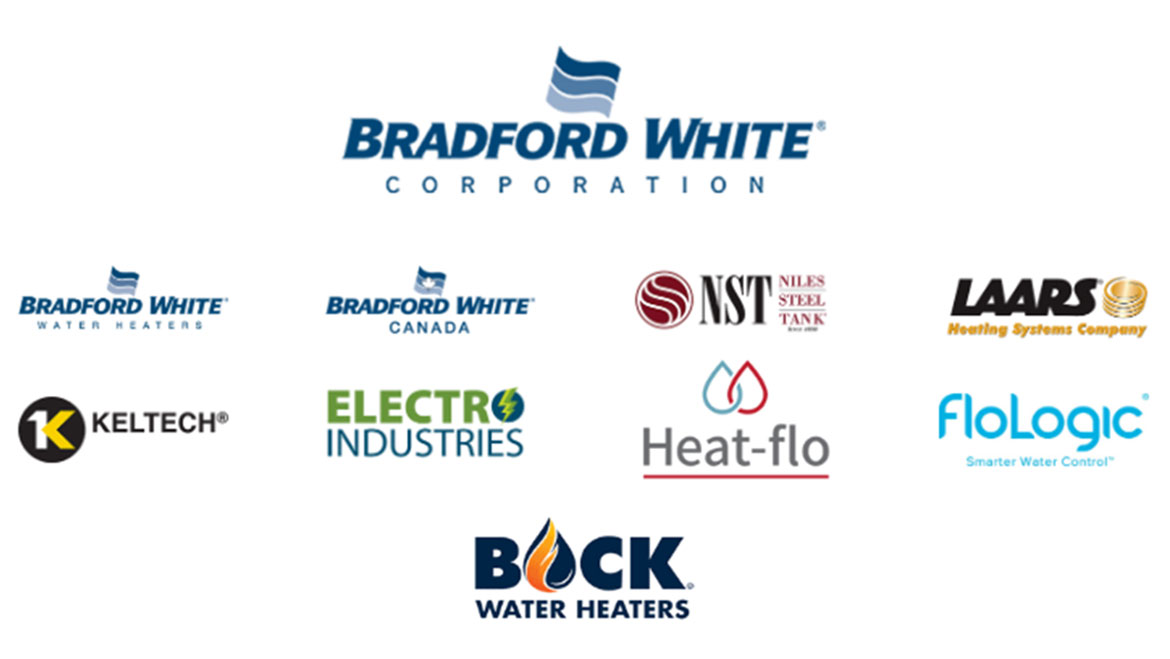 Logos of companies under Bradford White Corporation on a white background.