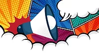 Horizontal comic speech bubble with megaphone on a vibrant pop art background flat design.