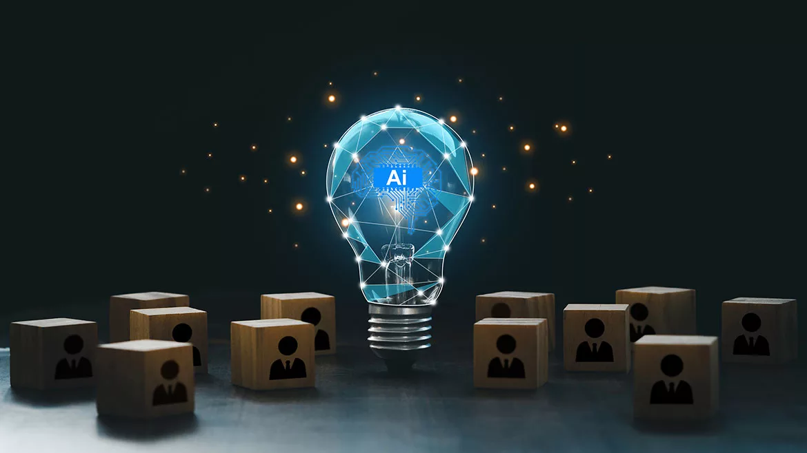 AI with a digital brain in a lightbulb with human icons in wooden blocks for AI vs human competition.