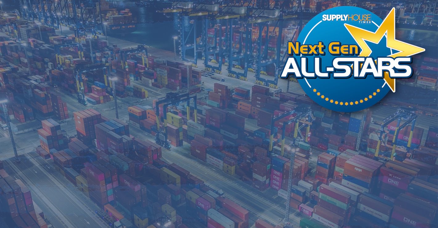 Next Gen ALL-STARS hero 1440 Background of aerial view of Industrial container port part of shipping in nighttime with a blue overlay.