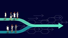 Illustration of a merger: Groups of healthcare professionals stand on two converging arrows, illustrating the concept of a merger or unification. Translucent teal and turquoise arrows appear on an ultra-dark background.