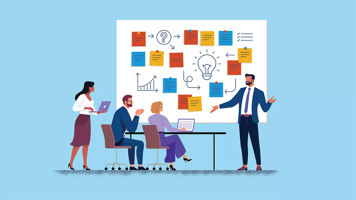 Illustration of businesspeople in a training session, a large white board with pinned papers and icons on it.