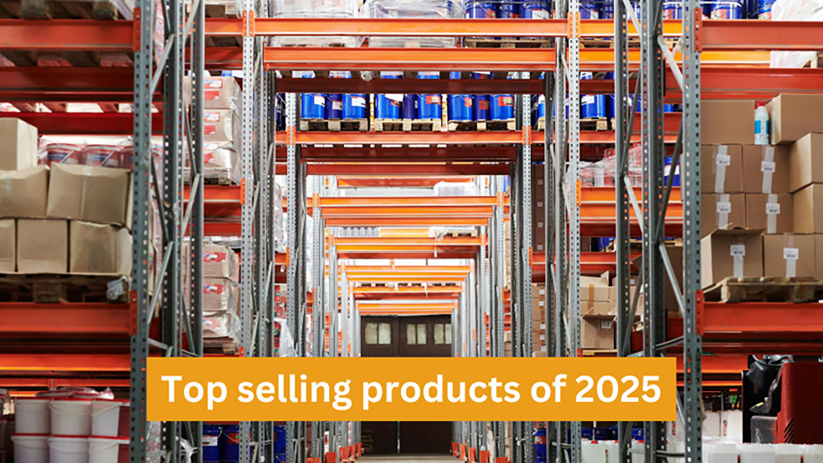 'Top-selling products of 2025' text in a yellow banner, a warehouse as the background.