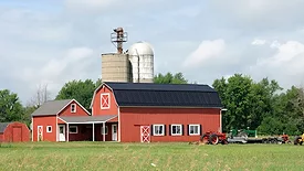 A red barn with black roof and other outbuildings on a traditional American farm on a sunny day.