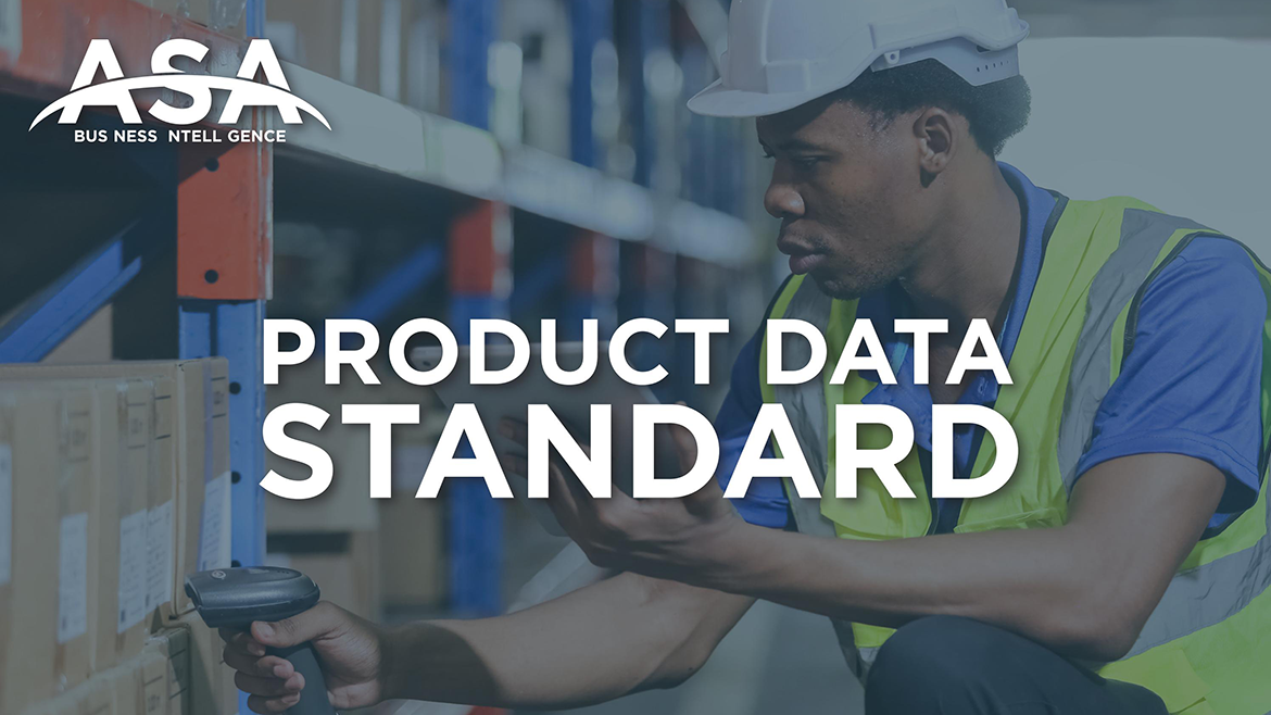 ASA Product Data Standard graphic, with a background of a worker in a white safety hat and yellow vest scanning a box.
