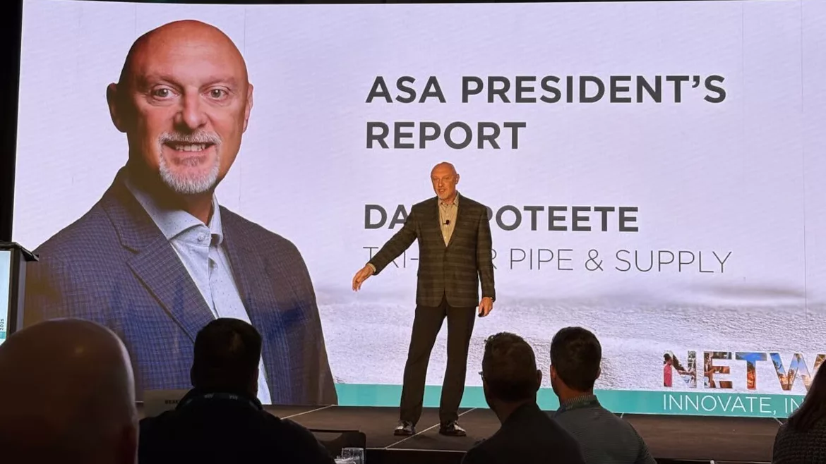 Dave Poteete on stage speaking his final address as ASA President at the NETWORK conference. A large image of him in the background.