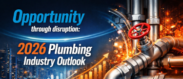 ChatGPT image of pipe system and a cityscape in the background. Text: 'Opportunity through disruption' and '2026 Plumbing Industry Outlook'
