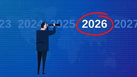 Company vision 2026 leader looking future with binoculars vision finding opportunity blue background.