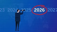 Company vision 2026 leader looking future with binoculars vision finding opportunity blue background.