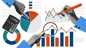 Hands, calculator, and various data charts and graphs on a white background.