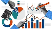 Hands, calculator, and various data charts and graphs on a white background.