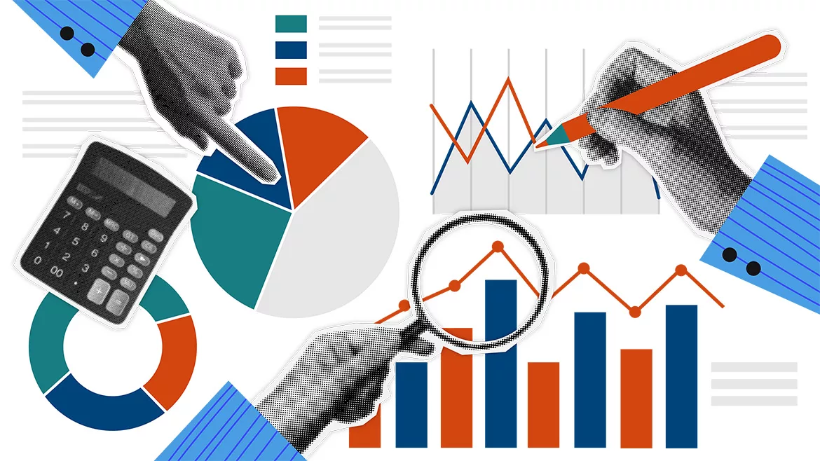 Hands, calculator, and various data charts and graphs on a white background.