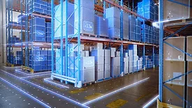 Warehouse stock of goods with virtual digitalization and visualization of Industry 4.0 process.