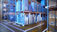 Warehouse stock of goods with virtual digitalization and visualization of Industry 4.0 process.