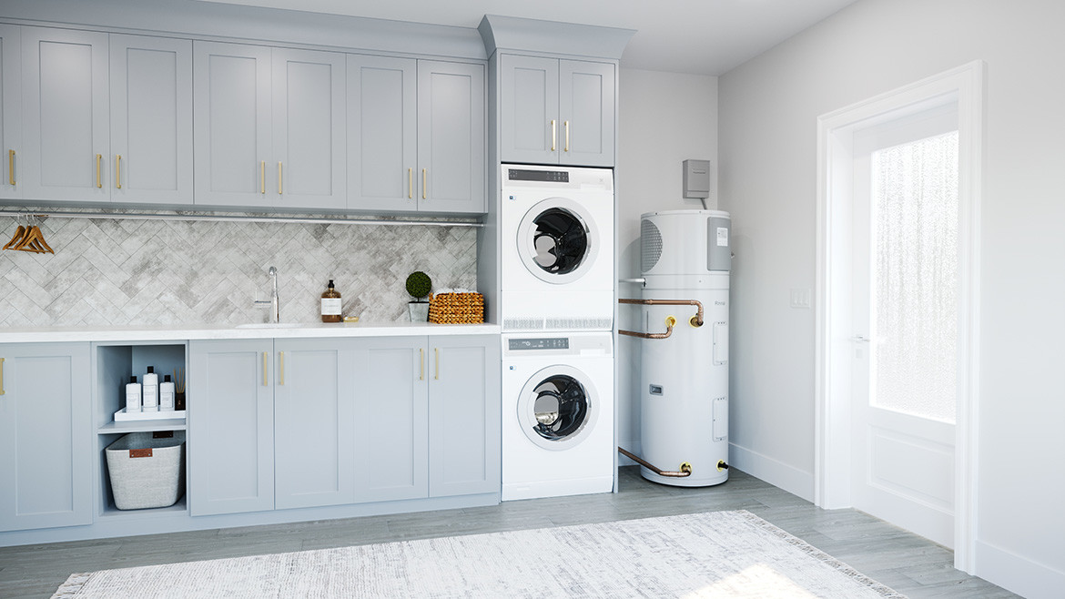 Water Heater REHP Series in the Utility-Room next to a stackable washer-dryer.