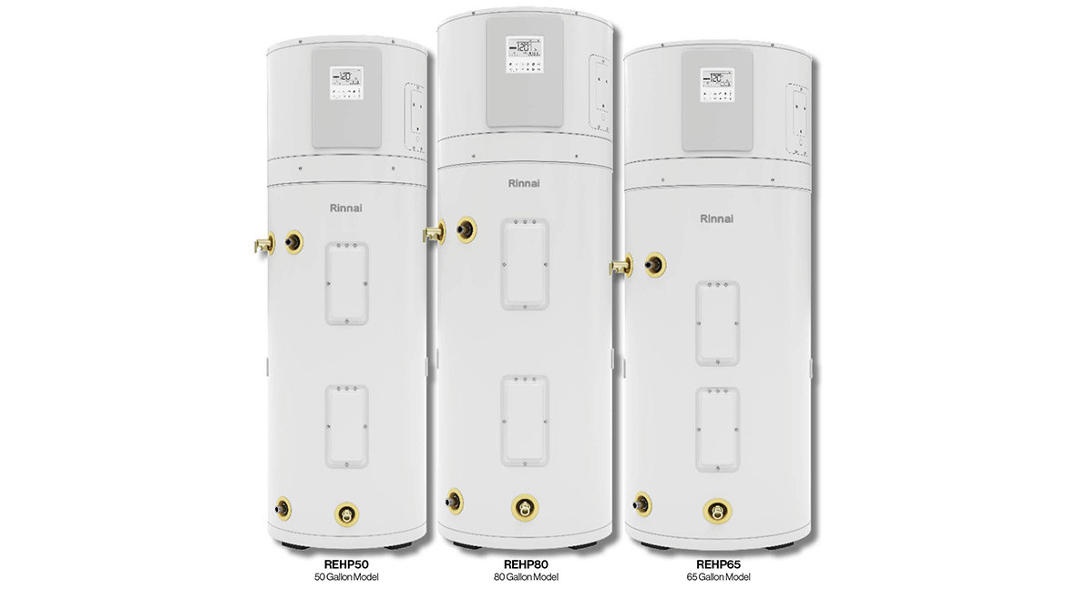 The Rinnai REHP Series 50.65.80 gallon units with a white background.