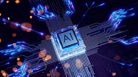 Computer chip labeled 'AI' on a circuit board, illuminated by a cool blue glow, highlighting circuit pathways and components.