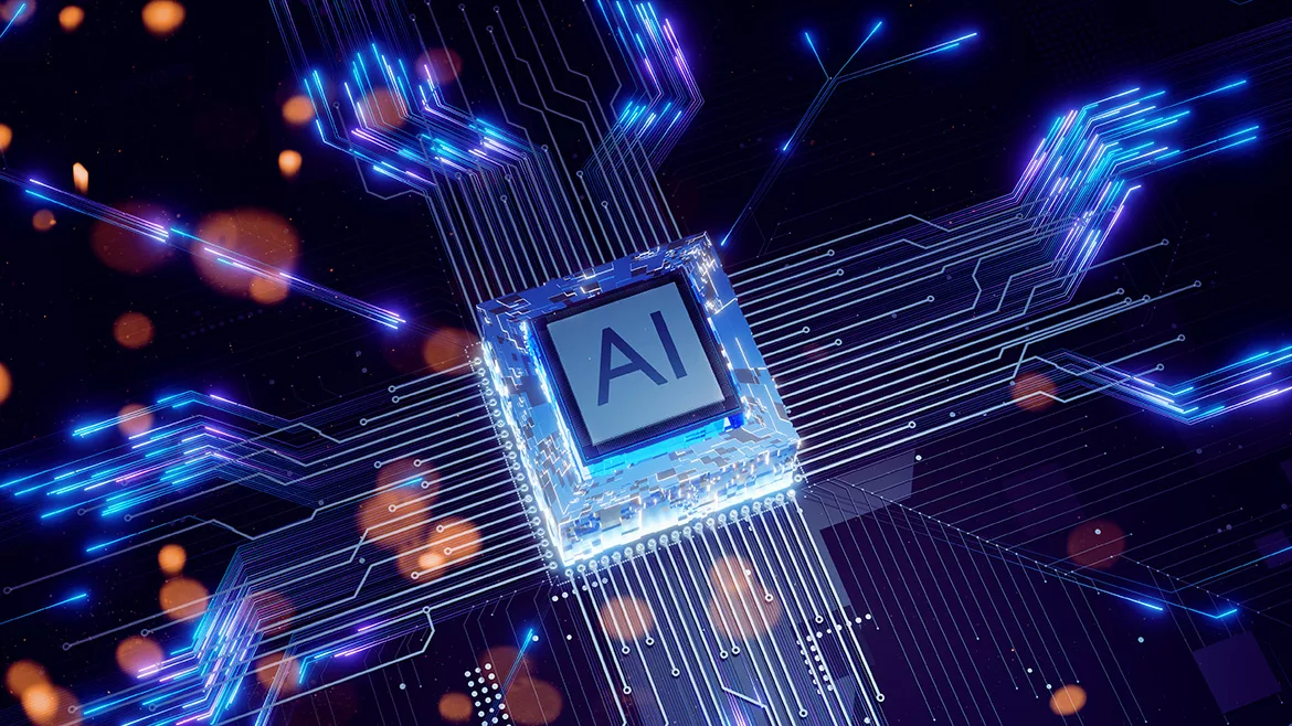 Computer chip labeled 'AI' on a circuit board, illuminated by a cool blue glow, highlighting circuit pathways and components.
