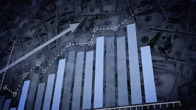 Screen grab of an animation of an ascending blue histogram following an arrow against a background of dollar bills. 3D rendering.