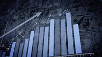 Screen grab of an animation of an ascending blue histogram following an arrow against a background of dollar bills. 3D rendering.