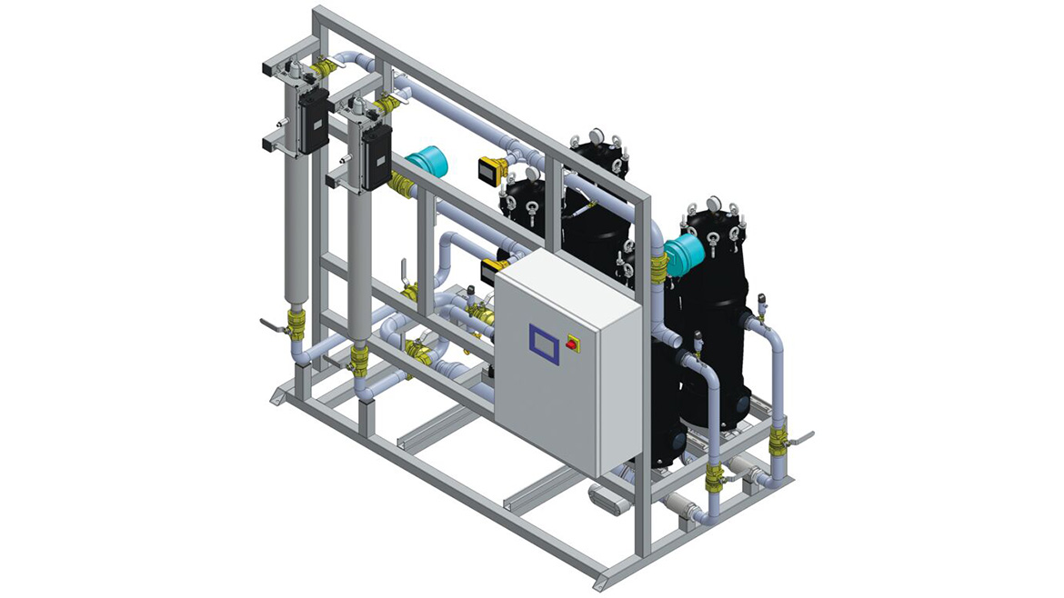 CAD render of an industrial water filtration system with pipes, valves, filters and control box.