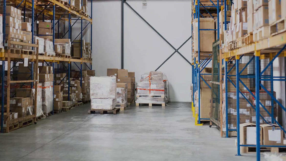 Stacks of pallets and boxes inside Keystone Sales & Associates Pottstown, Pennsylvania facility