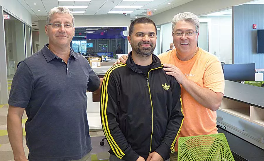 From left: Lehman Pipe’s Alex Cosio (domestic sales manager), Arrody Morejon (domestic inside sales manager) and Stauffer on the second floor office