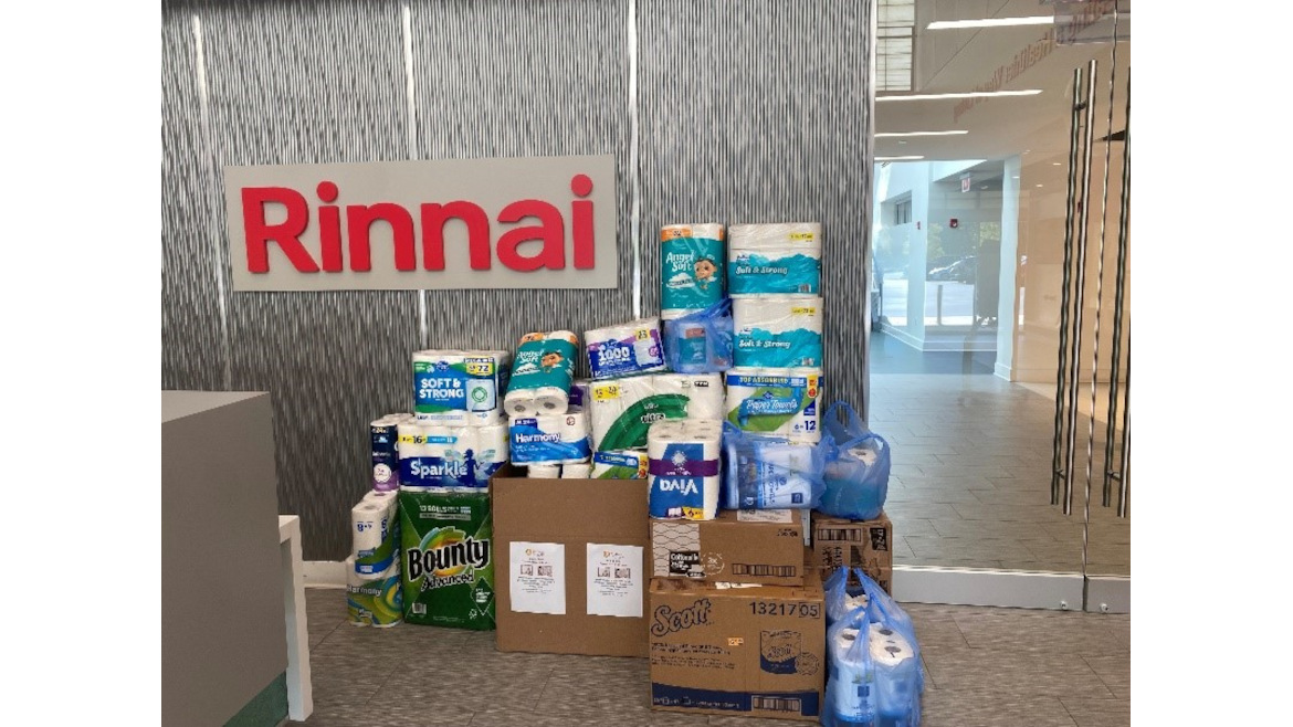 2,080 family food boxes and collection of 2,080 rolls of toilet paper and 2,080 rolls of paper towels from Rinnai